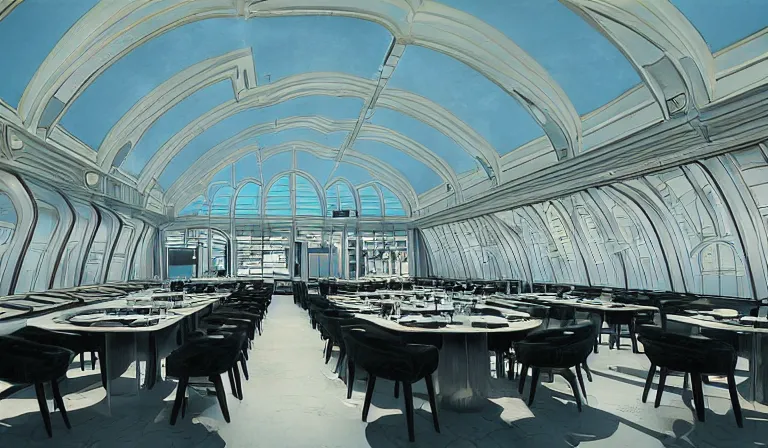 Image similar to a beautiful, sharp focus, clean lines. the interior of an art deco undersea restaurant. vaporwave ombre rendering. outrun style. trending on artstation. recommended for you behance. by chris moore. by edward hopper. ambient occlusion. digital matte painting. metropolis filmic. gotham city.