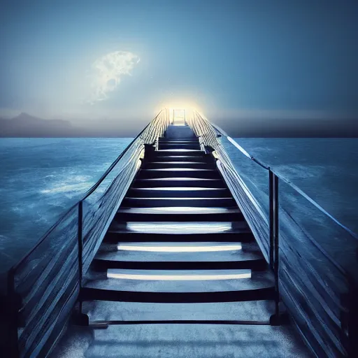 Image similar to stairs leading into the ocean at night, lit up by a single lamp post, dynamic lighting, photorealistic concept art, trending on art station, stunning visuals, creative, cinematic, ultra detailed