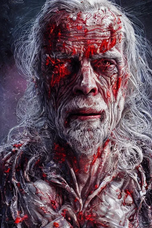 Image similar to realistic portrait of beautifully crystalized and detailed portrait of a zombie old man, matte painting of cinematic movie scene red dragon, horror, created by gustave dore and greg rutkowski, high detailed, smooth draw, synthwave neon retro, intricate, realistic proportions, dramatic lighting, trending on artstation.