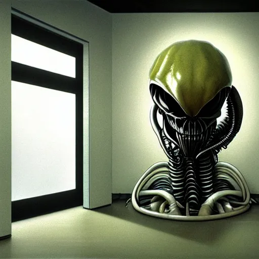 Image similar to detailed realistic xenomorph in an endless empty office building, pale yellow walls, moist brown carpet, defective fluorescent lighting, artstation, ultra detailed, creepy, photorealistic, nostalgia, art by h. r. giger