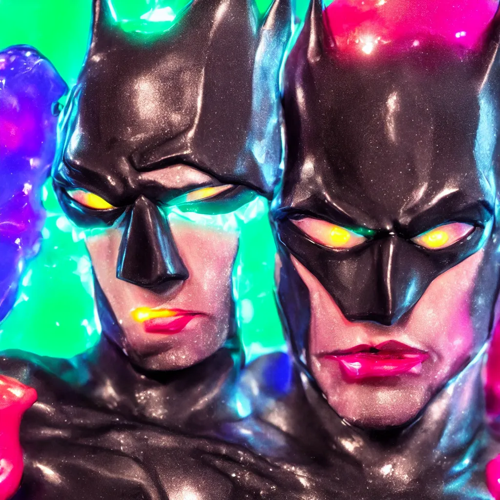 Prompt: plasticine wet shiny batman, crystal, moonlit, mirrors, camera angled dramatically, realistic, neon lasers, anime eyes and lips, close up, diorama