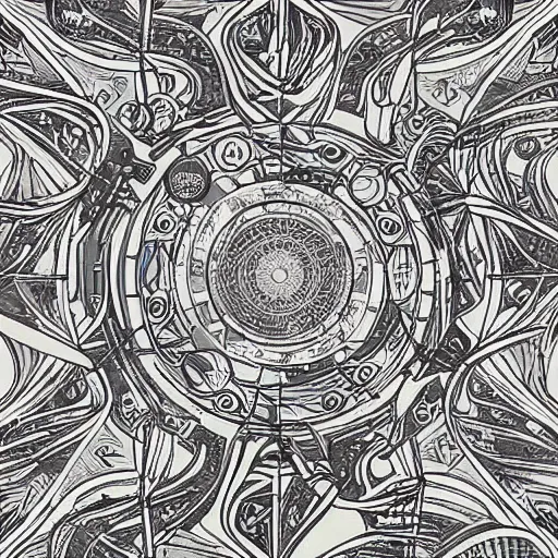 Prompt: art nouveau floor pattern, solar system, scifi inspired, thin lines, black and white