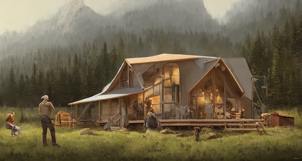 Image similar to cabela's beautiful comfortable modular pop - up insulated all terrain family dwelling, cabin,, person in foreground, mountainous forested wilderness open fields, beautiful views, painterly concept art, joanna gaines, environmental concept art, farmhouse, magnolia, concept art illustration, by james gurney, by craig mullins, by greg rutkowski trending on artstation