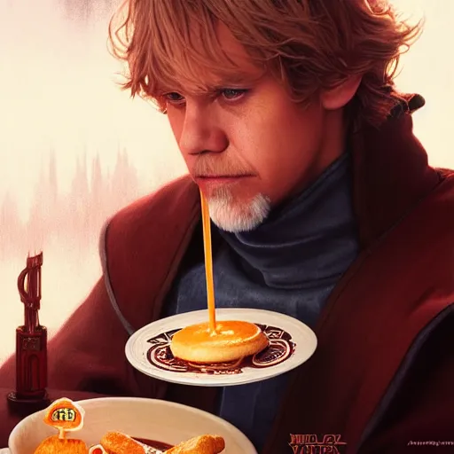 Image similar to Luke Skywalker eating big macs, dripping BBQ Sauce, serving happy meals, D&D, spilling ketchup, fantasy, intricate, elegant, highly detailed, digital painting, artstation, concept art, matte, sharp focus, illustration, hearthstone, art by Artgerm and Greg Rutkowski and Alphonse Mucha