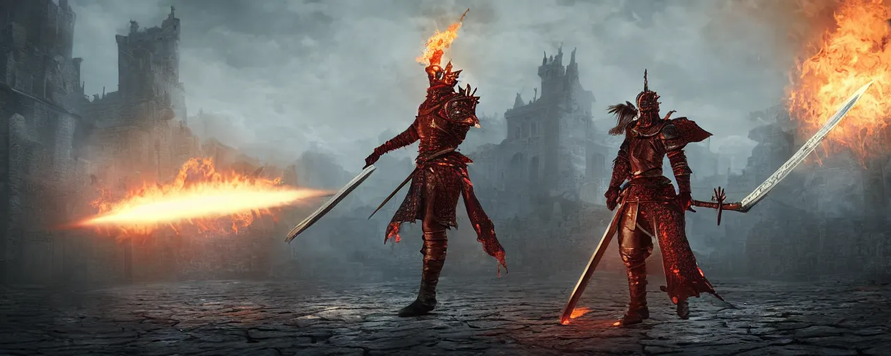 Prompt: flaming knight warrior with sword ::3 standing infront of a white citadel ::2 , dark souls 3 style art, cinematic, wallpaper, surreal, ethereal, unreal engine, ultra graphics, ray tracing, light rays shining