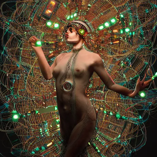 Prompt: give me a higher love, piles of modular synth cables, goddess swimming up wearing a headpiece made of circuit boards, by cameron gray, wlop, stanley kubrick, masamune, hideki anno, jamie hewlett, unique perspective, trending on artstation, 3 d render, vivid
