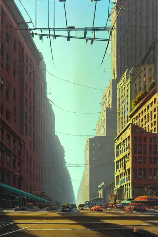 Image similar to Market Street, San Francisco in a redwood solar punk vision; oil on canvas by Klaus Bürgle and Simon Stålenhag; Ultra-Realistic 3D Depth Shading