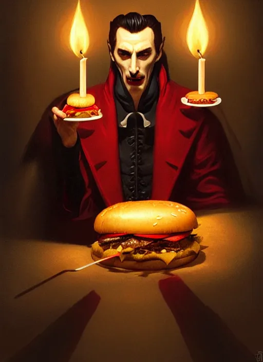 Image similar to portrait of dracula eating a hamburger while reclining, intricate, elegant, glowing candle lights, highly detailed, digital painting, artstation, concept art, smooth, sharp focus, illustration, art by wlop, mars ravelo and greg rutkowski