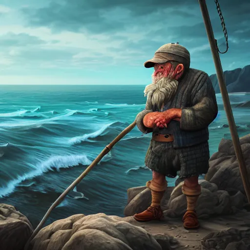 Prompt: old gruff fisherman staring out to sea, unreal engine, very intricate, hd, extremely detailed, sharp focus, wide view, full body shot, smooth, digital illustration, by james jean, by rossdraws, frank franzzeta, mcbess, sakimichan, brosmin, danton fadeev, steve simpson