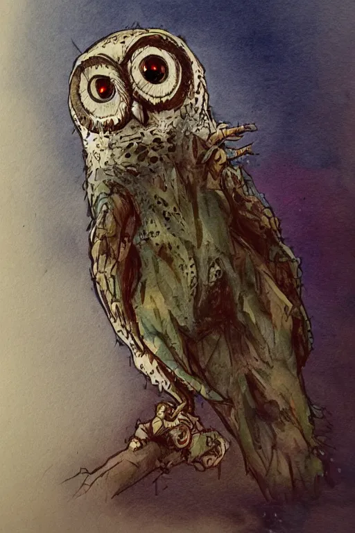 Image similar to inventor who mimics owls,painted by John Giunta and John Avon,trending on artstation, rocky lighting rear view,creature concept art,watercolor painting,Howl’s Moving Castle ,Lovecraftian ,narrative realism ,