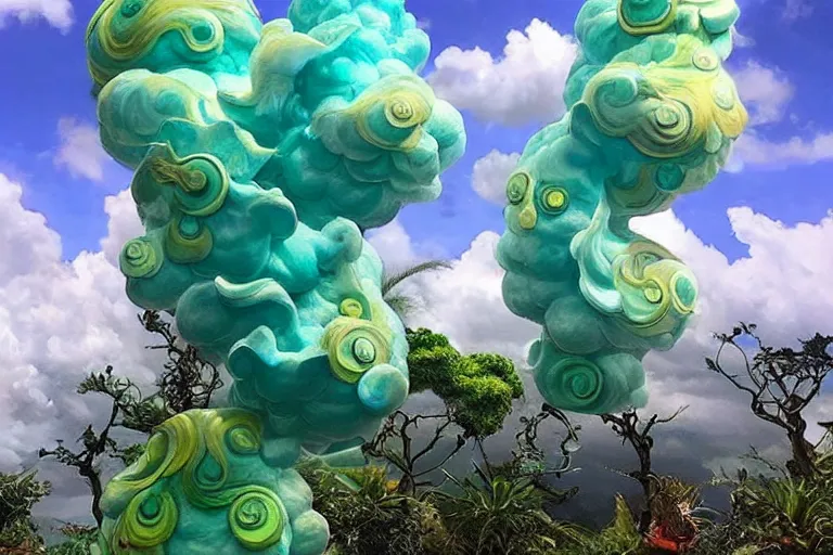 Image similar to a huge flock of many smooth puffy marvelous cloud sculptures with whirling ultra detailed gemstone crystal sculptures, art nouveau jungle environment, playful, award winning art, epic dreamlike fantasy landscape, ultra realistic,