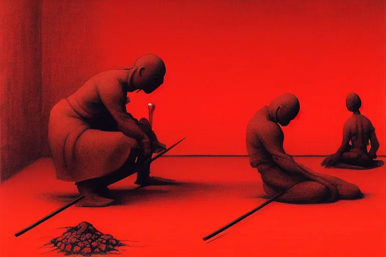 Image similar to only with red, a red samurai do seppuku, tokio, a lot of frogs watch, in the style of beksinski, parts by edward hopper, parts by rodcenko, parts by yue minjun, intricate and epic composition, red by caravaggio, insanely quality, highly detailed, masterpiece, red light, artstation, 4 k