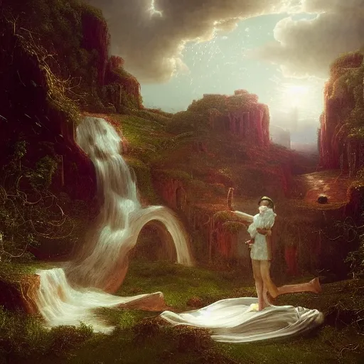 Image similar to deconstruction of self, hyperrealistic surrealism, dreamscape, thomas cole, award winning masterpiece with incredible, deliniate details, zhang kechun, a surreal waavev painting by thomas cole liminal space, highly detailed, trending on artstation