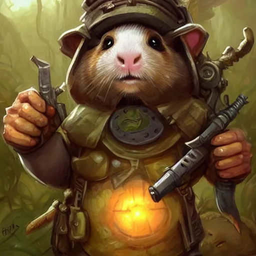 Image similar to cute little anthropomorphic Guinea Pig Soldier, ultra wide lens shot , tiny, small, Jungle camouflage, short, cute and adorable, pretty, beautiful, DnD character art portrait, matte fantasy painting, DeviantArt Artstation, by Jason Felix by Steve Argyle by Tyler Jacobson by Peter Mohrbacher, cinematic lighting