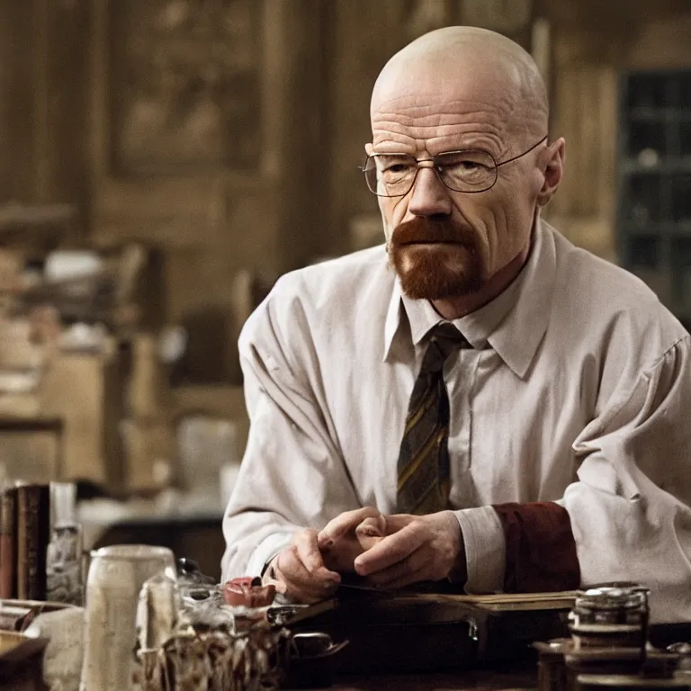 Image similar to Walter White as a professor in Harry Potter, film still