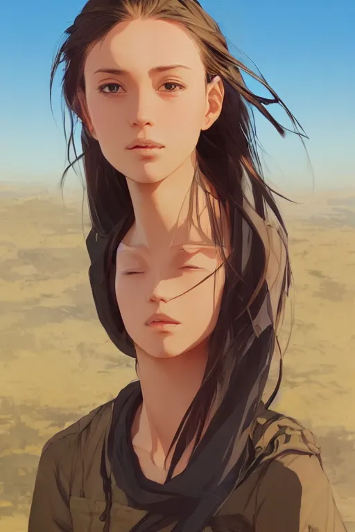 Prompt: a girl hiking in the desert, fine - face, realistic shaded perfect anatomy, fine details. night setting. very anime style. realistic shaded lighting poster by ilya kuvshinov katsuhiro, magali villeneuve, artgerm, jeremy lipkin and michael garmash, rob rey and kentaro miura style, trending on art station