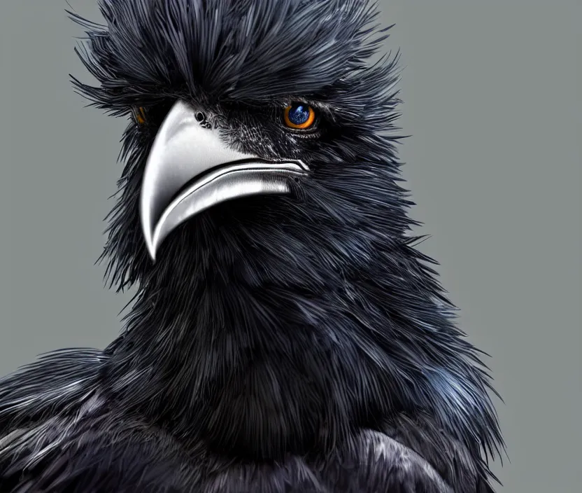 Prompt: cute lil raven character, close - up portrait, black iridescent feathers and sharp pointy beak, knowing eyes, 3 d pixar style, trending on arstation octane rendered in 8 k unreal engine 5, cinematic and dramatic, gloomy, mystic and magical, fantastic and whimsical