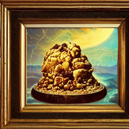 Prompt: an immaculately detailed gothic painting of a crumble surrounded by majestic banana, art by james gurney, quantum wavetracing style