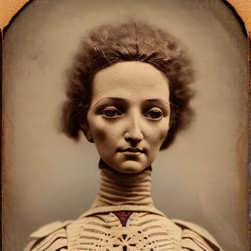 Image similar to tintype vintage photograph medium shot portrait of a beautiful female jointed handmade wooden art doll, made of wood!!!!!, by agostino arrivabene, by fernand khnopff, volumetic lighting, rendered in octane, photography, photorealistic, detailed