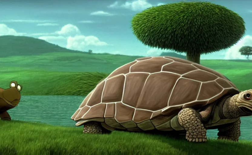 Image similar to a hyperrealist cell - shaded cartoon movie still from howl's moving castle ( 2 0 0 4 ) of a giant mechanized tortoise in a flooded stonehenge. a rainforest is in the background with shafts of sunlight from above. very dull muted colors, hd, 4 k, hq