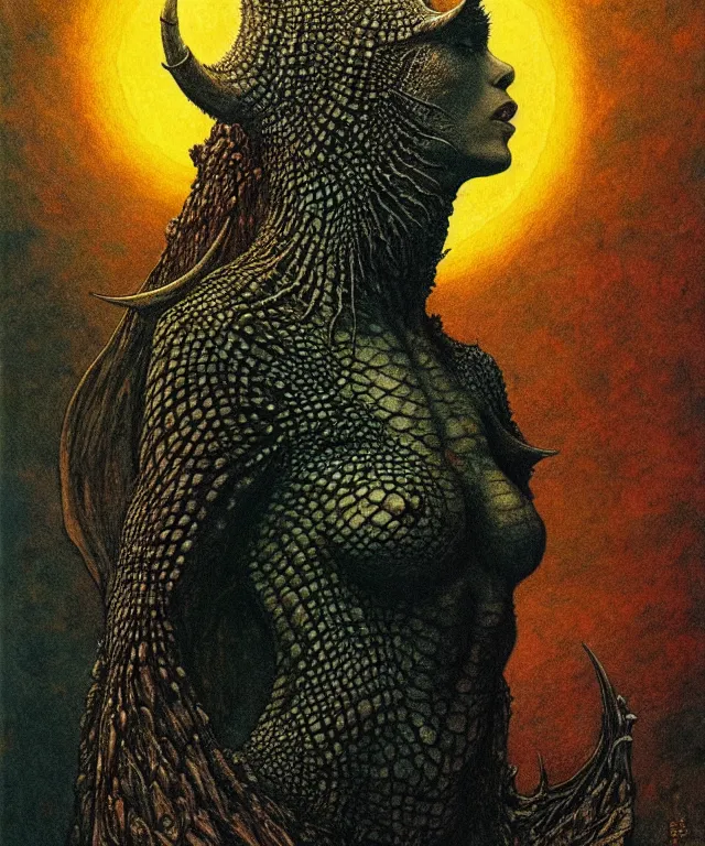 Prompt: A detailed horned crocodilewoman stands among the cosmos. Wearing a ripped mantle, robe. Perfect faces, extremely high details, realistic, fantasy art, solo, masterpiece, art by Zdzisław Beksiński, Arthur Rackham, Dariusz Zawadzki