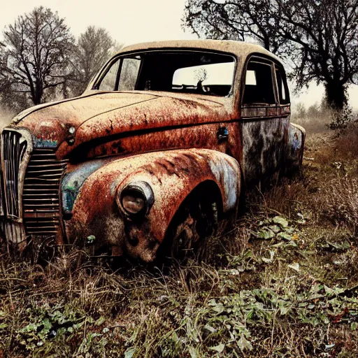 Image similar to apocalyptic, ruined town, abandoned streets, littered, mutated wildlife, decrepit homes and sheds on the side of the road, slowly being reclaimed by nature. rusted vintage cars. fog, dew, rain, volumetric lighting, beautiful, summer morning dew, sharp focus, ultra detailed, kodachrome, cgsociety - w 1 0 2 4 - n 8 - i