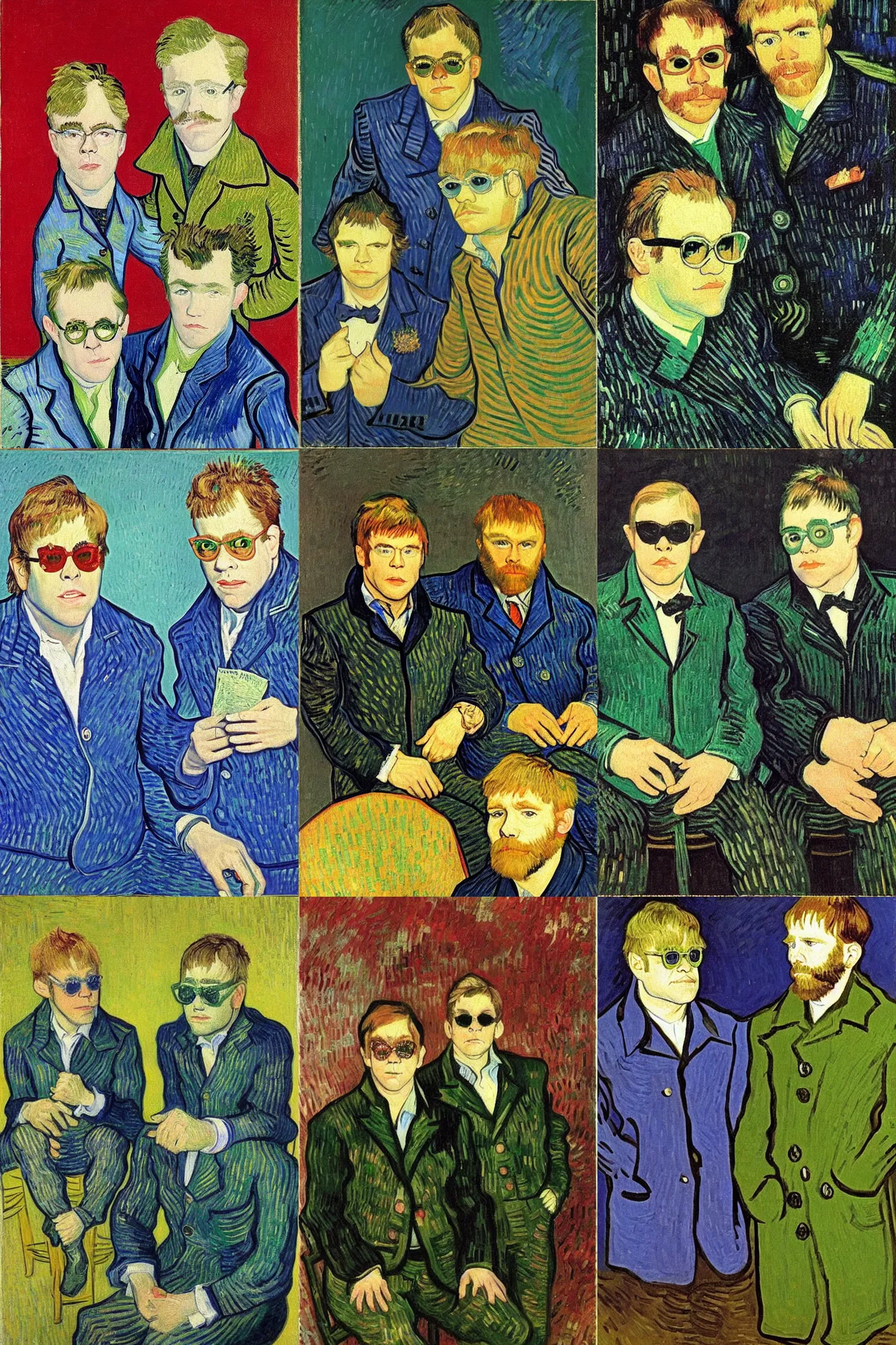 Prompt: Portrait of Elton John and John reid in 1970 by Van gogh