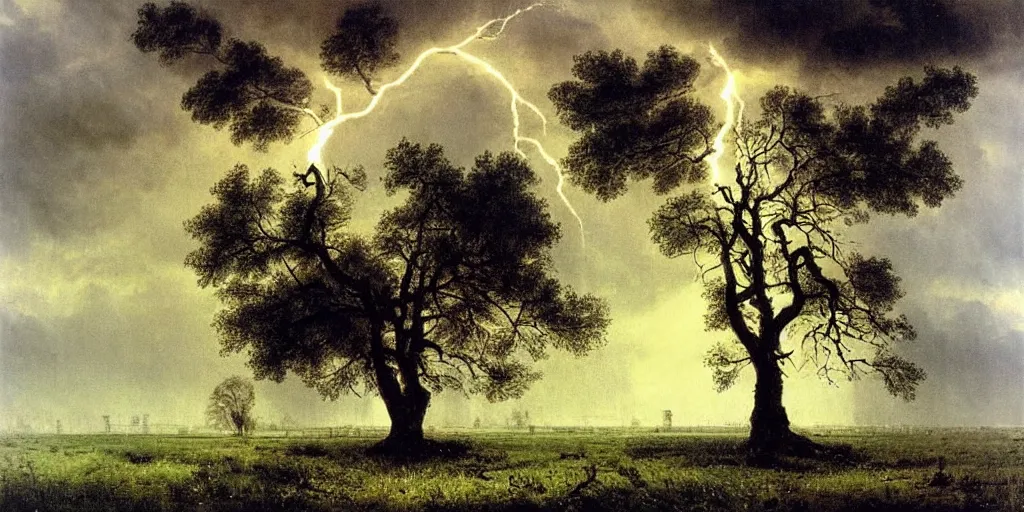 Prompt: lightning strikes a tree in the middle of a field, painting By Alexei Savrasov,