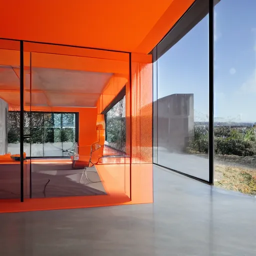 Prompt: wide angle photo inside a house made of many layers of sheer fabric. Translucent deep orange mesh fabric hangs over glass walls. The wind is blowing. The space glows with bright natural light. The house is made of concrete , glass, and sheer orange mesh. Coronarender, vray.