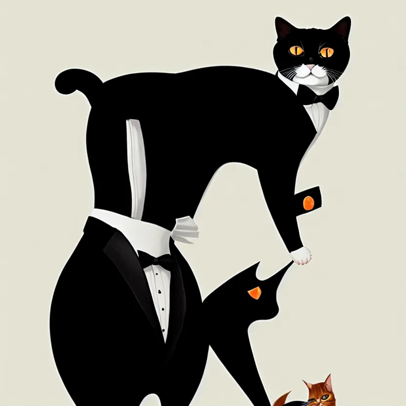 Image similar to slim cruel business humanoid ginger cat in tuxedo with black bob hair, elegant, 2 d, ultra highly detailed, digital painting, smooth, sharp focus, artstation, art by ilya kuvshinov!