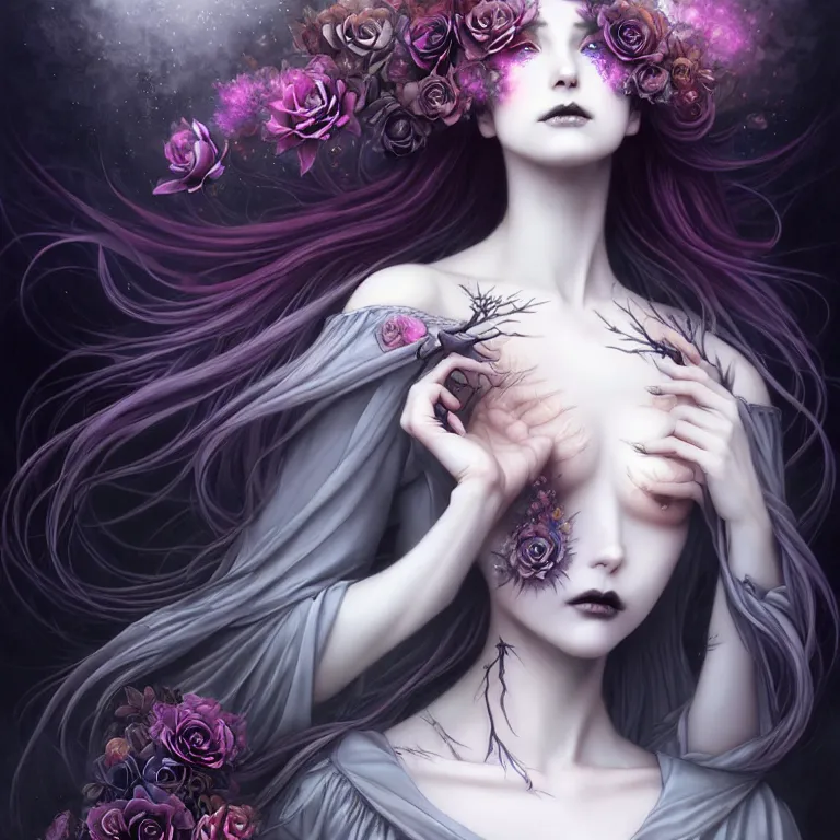 Image similar to stunning anime goddess hybrid of the floral river flowers, beautiful gothic dress in a dark romance, misty, by cgsociety, in the style of charlie bowater, tom bagshaw, intricate, beautiful, artstation 8 k, high resolutionsparkling atom fractals of jewls cords, by alex grey and hr giger