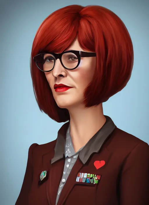 Prompt: hearts of iron 4 leader portrait of woman with brown bob haircut, round reading glasses, red eyes, red suit, democratic, trending on artstation, highly detailed, character portrait, ylva ljungqvist, custom portraits, paradox interactive