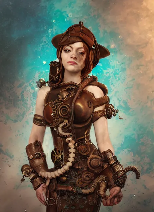 Prompt: underwater steampunk bioshock pirate portrait of emma stone, octopus, hyper detailed, digital art, trending in artstation, cinematic lighting, studio quality, smooth render, unreal engine 5 rendered, octane rendered, art style by klimt and nixeu and ian sprigger and wlop and krenz cushart.