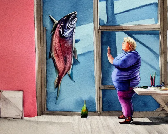 Image similar to an innocent and beautiful scene in hyper realistic style, watercolor and pen drawing, of a fat old woman painting a huge colorful fish on the wall, lighting from the barred window. shadows. 4 k. wide angle. wild mood. red mouth, blue eyes. deep focus, lovely scene. ambient occlusion render. unreal engine.