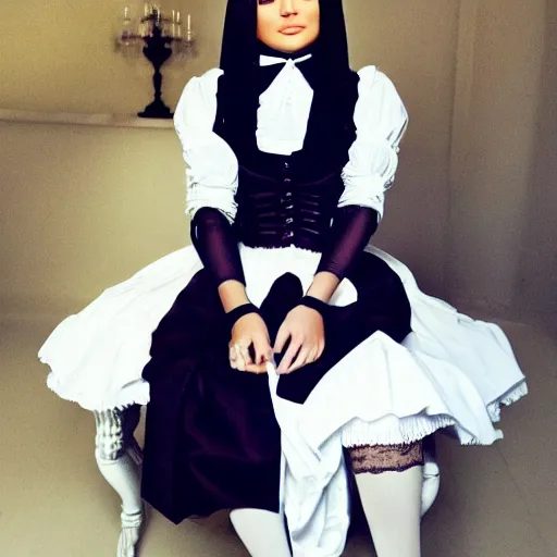 Image similar to kylie jenner in 2 b cosplaying victorian maid outfit light cinematography photoshoot