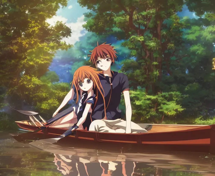 Image similar to anime key visual of a young man anime and young woman anime sitting together on one single long wooden rowboat. Romantic. Girl has auburn hair. Boy has short black hair. Boy and girl. Boy and girl. Narrow river in a forest, rocky shore, trees, shady, blue waters, ripples, waves, reflections, details, sharp focus, illustration, by Jordan Grimmer and greg rutkowski, Trending artstation, pixiv, digital art