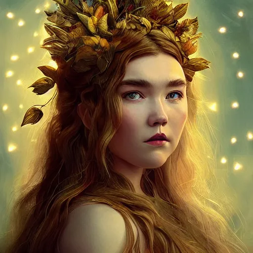 Prompt: florence pugh as the goddess of fairies!!!!!!, golden ratio!!!!!, centered, trending on artstation, 8 k quality, cgsociety contest winner, artstation hd, artstation hq, luminous lighting