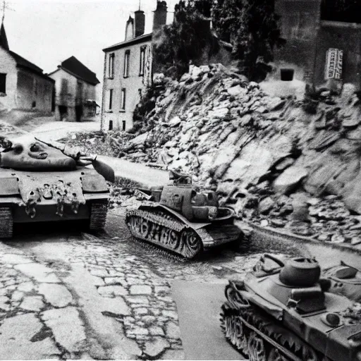 Image similar to small french village bombed out, Nazi Tiger 1s driving into the town, black and white, film grain,