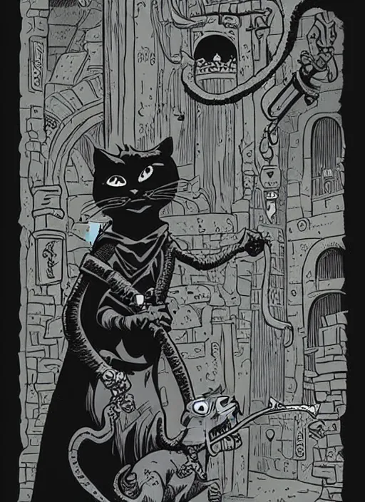 Image similar to highly detailed, wizard cat with a dungeon background by mike mignola