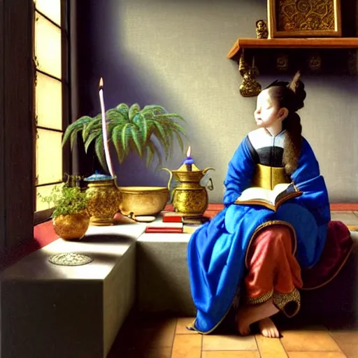 Prompt: a highly detailed fantasy pastel oil painting of a young wizard in ornate clothing lounging on a purpur pillow on the marble floor in front of her bookcase, studying an ancient tome. to the side is a potted plant and some blue candles. ancient oriental fantasy setting. in the style vermeer, yoshitaka amano and mark tedin