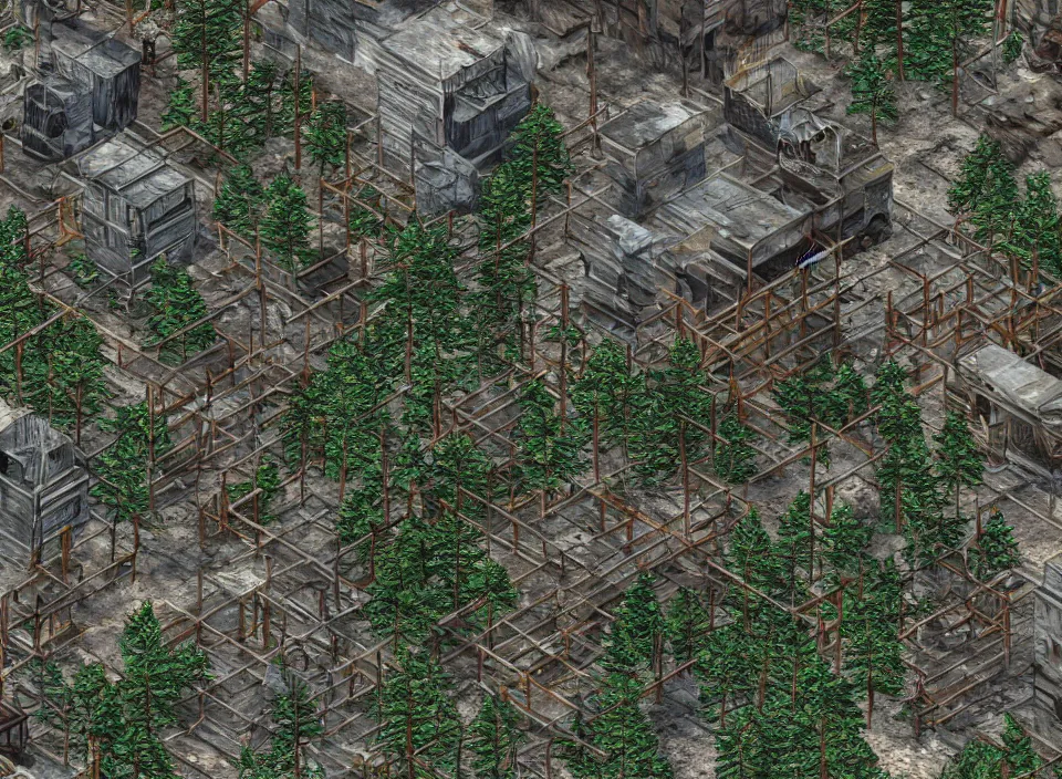 Image similar to Screenshot of the outside of an diseased pine forest in Fallout 2 (1998), isometric perspective, postapocalyptic, bird's eye view, prerendered isometric graphics, high quality