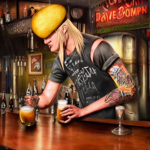 Prompt: a punk rock guy with blond hair and a cap with tattoos and skinny serving beer at a bar, by dave mckean, oil painting, highly detailed, octane render, volumetric lighting, vibrant,