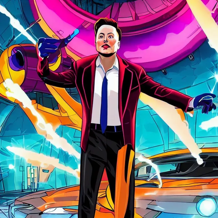 Image similar to elon musk as an evil character in totally spies, in front of a complex machine, scheming and plotting his revenge. bright, rich, colorful. full body shot, well lit