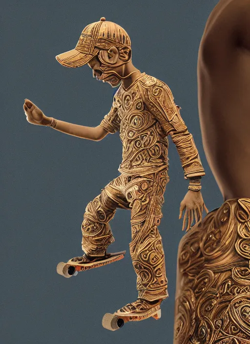 Prompt: a photo - real delicate sculpture of an ornate detailed skateboard boy in front of a intricate background by aj fosik, micro detail, backlit lighting, octane renderer, colorful, physically based rendering, tribal art, trending on cgsociety