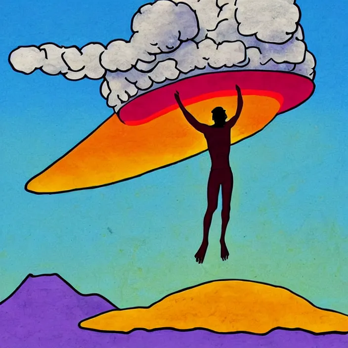 Image similar to UFO hovering over an African Jesus , clouds, colorful, in the style of Nigerian bus art,