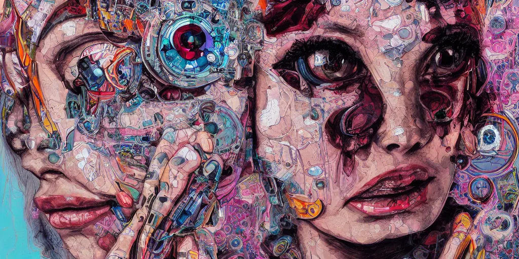 Image similar to full view portrait of cyborg woman crying, in the style of jin kagetsu and james jean, background by beatriz milhazes, highly detailed, face symmetry, masterpiece, sharp focus, realistic intricate concept art, dramatic lighting, 8 k