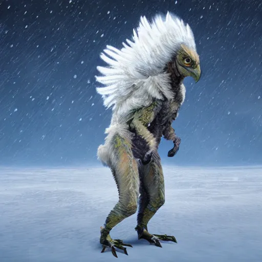 Image similar to Concept art of a feathered raptor-like alien creature, standing in the middle of a snowfield