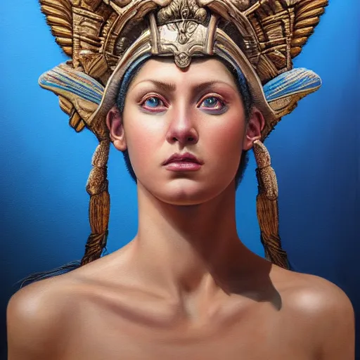 Image similar to hyperrealistic mixed media painting of beautiful goddess Athena, stunning 3d render inspired art by P. Craig Russell and Barry Windsor-Smith, perfect facial symmetry, dim volumetric lighting, 8k octane beautifully detailed render, post-processing, portrait, extremely hyper-detailed, intricate, epic composition, brown eyes, realistic realistic realistic eyes, cinematic lighting, masterpiece, trending on artstation, detailed detailed detailed, masterpiece, stunning