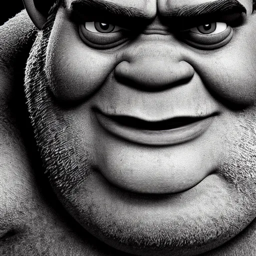 Image similar to black and white photographic portrait of shrek, harsh lighting, 8k, high definition, detailed, 4k, artistic