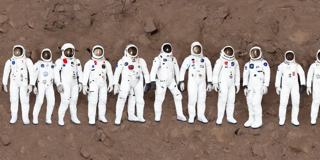 Prompt: A team photo of various animals standing still in white spacesuits before their mission to explore Mars. Highly detailed picture.